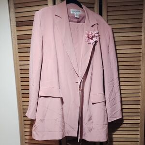 Rena Rowan Silk Peachy Pink Blazer with Floral Accent and Maxi Skirt